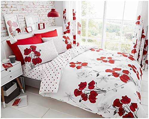 GC GAVENO CAVAILIA Poppy Floral Single Bedding Set – Reversible Duvet Cover with Pillowcase | Soft and Cosy Easy Care Polycotton Quilt Cover | Luxury Printed Polka Dot Design Bed Linen, Red