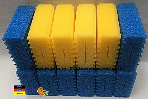 Steppan 12 Filterschwämme 8 x Filterschwamm blau (grob) 4 x Filterschwamm gelb (fein) geschlitzt passend für SunSun CBF 350 C. Auch passend für Osaga, Pondlife, Atlantis und OTF.