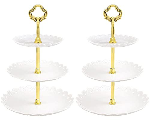 2 Pack 3 Tier Cake Stand Party Food Server, Cupcake Stand, Plastic Dessert Tiered Serving Stand, Dessert Tower Tray for Tea Party, Baby Shower and Wedding Home (White)