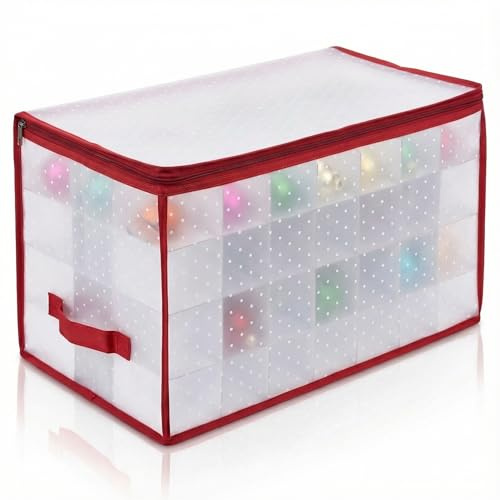 MIJOMA Aufbewahrungsbox Sortierbox Weihnachtstasche für Christbaumkugeln und Weihnachtsschmuck, zusammenklappbar, transparent (Rot, 52,4 x 30 x 30 cm für 112 Teile)