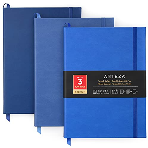 Arteza Journal Anteckningsböcker, 15,2 x 20,3 cm (3-pack bullet journal i koboltblå, mellanblå, marinblå), 96 ark, inbunden anteckningsbok set linjerat, olinjerat och prickigt [Office Product]