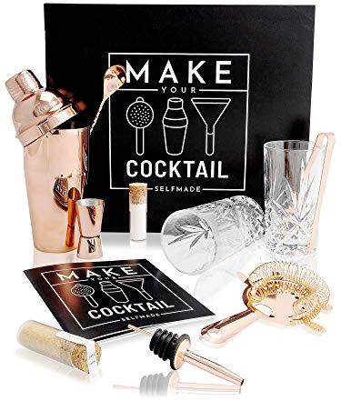 MAKE YOUR COCKTAIL 12 Teiliges Barset mit 6 Bartools + 2 Kristall Longdrink Gläsern + 1 Rezept Buch + 2 Brasilianischen Zucker Sorten + 1 Geschenkbox/Barkeeper-Kit/Kupfer farbendes Cockt
