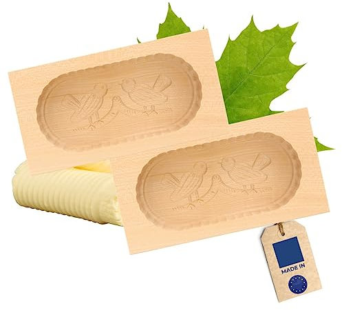 HOFMEISTER® Lot de 2 moules à beurre, pour 250 g de beurre, 19 cm, 2 oiseaux, sculptés à la main en Allemagne, pour décorer, forme carrée, modèle de beurre en bois d'érable local