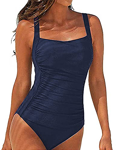 SEDEX Baddräkt för kvinnor, flickor, endelad baddräkt, monokini, veckad, linne, badkläder, vintage, magkontroll, bad- och stranddräkt, BLÅ, XXL