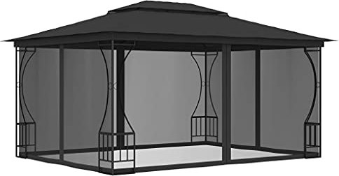 Tonnelle ronde avec rideaux, pavillon de jardin, tonnelle de terrasse, pergola, tonnelle de jardin, structure en acier stable, 300 x 400 x 265 cm, anthracite