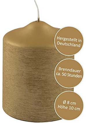 FINK Stumpen Kerze gold - für Windlichte Laternen - Adventskranz Kerze - Tischdeko Weihnachten - H 10 D 8 cm - lange Brenndauer ca 50 Stunden