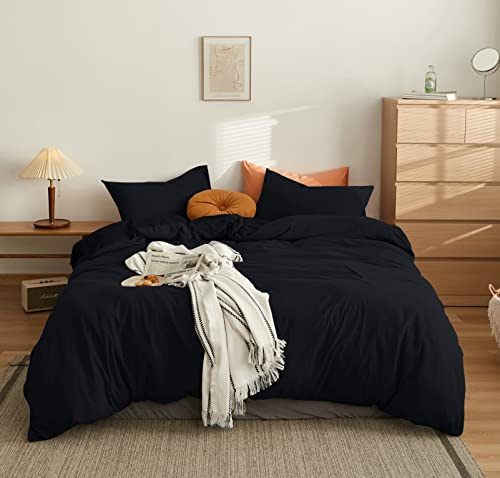 MOHAP 4 Pièces Parure de Lit Adulte Housse de Couette 200x200cm+Drap Housse 160x200+2 Taies d'oreillers 65x65cm Noir 100 Fils/cm² Housse de Couette 2 Personnes avec Fermeture Éclair