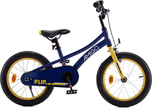 Amigo Flip - Kinderfahrrad für Jungen - 18 Zoll - mit Handbremse Rücktritt und Fahrradständer - Jungenfahrrad ab 5-8 Jahre - Blau/Gelb
