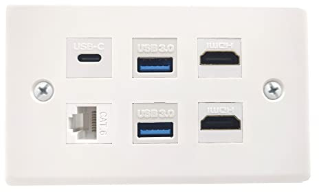 Halokny HDMI USB3.0 CAT Type-C Wandplatte, 6 Port Outlet Wandplatte, 2 x HDMI Keystone Jack + 2 x USB 3.0 + 1 x Typ C + 1 x CAT6 RJ45 Keystone Buchse, für Wandplatte Frontplatte, Weiß