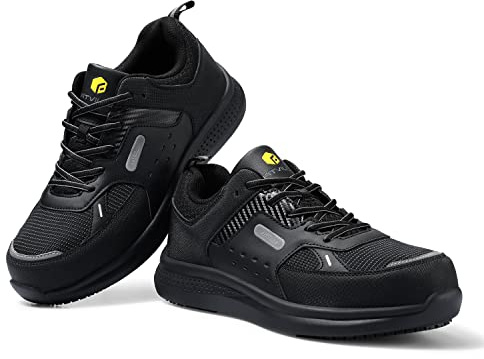 FitVille Wide Fit Work Shoes for Men Composite Toe Lightweight Non Slip Industrial Warehouse Shoes, Black, 9.5 UK X-Wide
