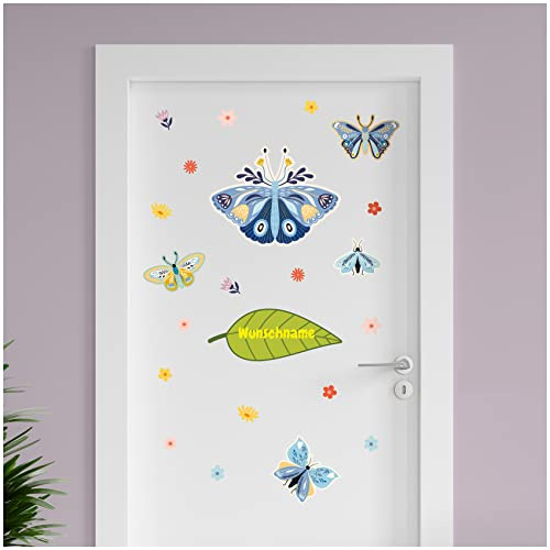 Finest Folia personalisierbarer Türaufkleber Wandtattoo Kinderzimmer für Tür Wand Mädchen Jungen Wandaufkleber mit Wunschname Wunschtext Türschild Aufkleber selbst gestalten (14 Schmetterling)