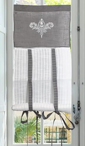 Autrefois Rideau Brise bise et Enrouleur, Lin brodé, Voilage Broderie, Style Charme, Petit Rideau, Decoration pour fenetre de Cuisine, Salle de Bain, Salon, French Style, Elegance (Gris, 80x160cm)