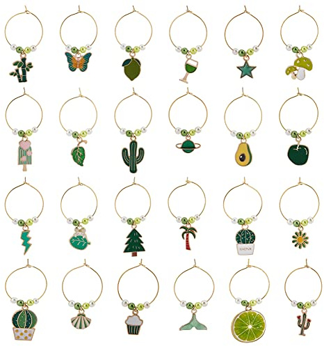 BENECREAT 24 Style Été Thème Verre à Vin Charms, Gobelet Vert Marqueurs de Boisson Étiquettes Identificateurs de Verre Accessoires de Vin pour Cocktail Dégustation de Champagne Faveurs de Fête