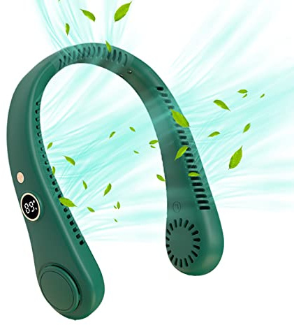 GALER Neck Fan, Portable Rechargeable, Bladeless Neck Fan LED Display Mini 360° Cooling Personal Fans, 5 Speed Leafless Hanging USB Wearable Fans for Women Men Home Office Travel (Green+)