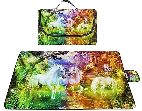 Picknickdecke 200x300cm,XXL Picknickdecke mit Wasserdichter Unterseite,Outdoor Stranddecke Sandfrei,mit Tragegriff Faltbare Picnic Blanket für Camping,Strand,Familie,Konzerte Fantasie Schloss Einhorn