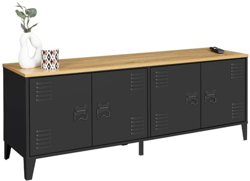 IDMarket - Aparador bajo ESTER 140 cm con 4 puertas de metal negro y tablero de madera de diseño industrial