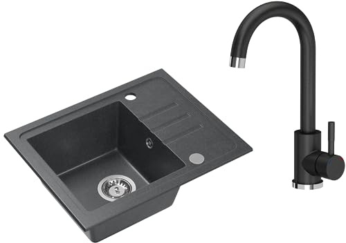 VBChome Granitdiskbänk svart med svart armatur, 55 x 44 cm, enkel handfat inbyggd diskbänk, vändbar, spräcklig, lättskött komplett set med sifon – perfekt för små kök
