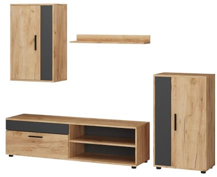 Vicco Wohnwand Berno, TV-Wand, Goldkraft Eiche/Anthrazit, 4er Set