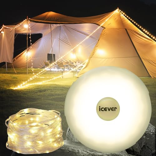 icever Camping String Lights, 32.8FT Rechargeable Waterproof Hanging Lamp Portable LED Light for Outdoor Camping Awning Tent Garden Party Yard Festival Decor (5 Lighting Modes)