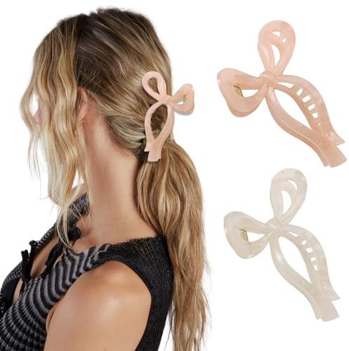 Hebterrka Elegante Haarklammern mit Schleife, stilvolle große Haarklammern für dünnes und dickes Haar | Schickes Haarstyling-Zubehör für Damen (Beige/Pink)