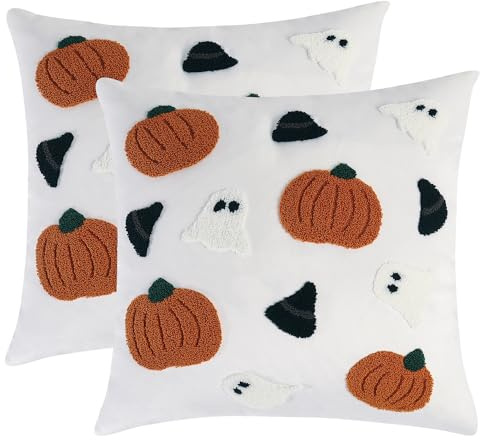 Tosleo Halloween Throw Pillow Covers 18x18 inch Set of 2 Halloween Orange Pumpkins and White Ghost with Black Hat Embroidered Pillow Cases Thanksgiving Home Party Pumpkin Decor Velvet Pillowcases