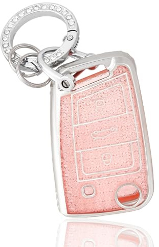 OFF WE GO Autoschlüssel Hülle Schlüsselhülle Cover für VW Golf 7 Polo Skoda Octavia Tiguan MK7 Jetta Seat Leon Fabia Ibiza Fabia Superb Schlüsselcover Schlüssel Gehäuse mit Schlüsselanhänge, Rosa