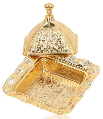 Jwthee Azucarero dorado, plato de caramelo dorado, plato de caramelo de metal, cuenco de caramelo turco dorado, cuenco turco de aleación de zinc con tapa para adorno de escritorio