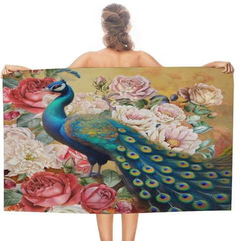 Strandtücher, Rustikaler Aquarell-Tierpfau Duschtuch Mikrofaser Badehandtuch Leichtes Strandhandtuch Für Camping Pool Sauna 80X130Cm