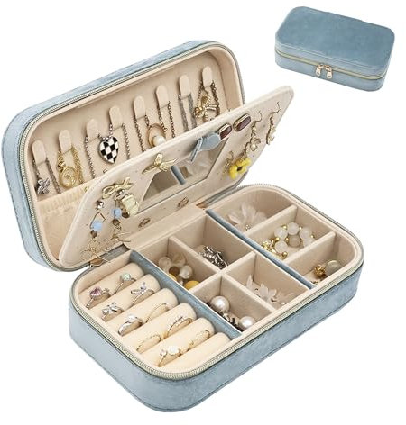 Boxudeli Travel Jewellery Box Small Jewellery Organiser Velvet Jewellery Storage for Earrings Rings Necklaces Bracelets Portable Jewellery Case for Women Girls (misty blue)