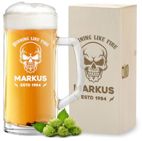 polar-effekt Bierkrug 0,5 Liter und Holzkiste mit Gravur für Männer - Personalisiertes Geschenk mit Namen - zum Vatertag und Geburtstag - Bierglas für Pils und Lager