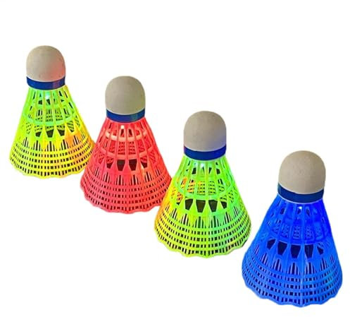 LED-Badminton-Federball für sportliche Aktivitäten – 4 x Nylon-LED-Badminton-Federbälle | LED-Federball für Badminton | bunter Federball für dunkle Nacht | Leuchtende Federbälle für das Üben im
