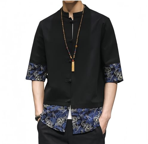 Men's Kung Fu Shirt,Traditional Chinese Hanfu Tang Suit Coat with Silk Printing,Half Sleeve Top for Casual Summer Outfits