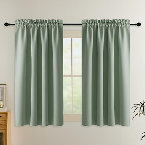 PONY DANCE Verdunkelungsvorhang Salbeigrün Gardinen Wärmeisolierend | 2er Set H145 x B140 cm, Blickdicht, Hitzeschutz, für Wohnzimmer, Kurz, mit Stangedurchzug, UV-schutz, Blackout Curtains