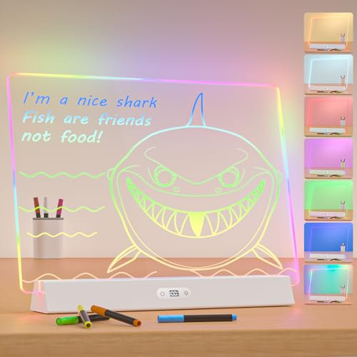 LED Note Board with Colors, Rechargeable 9-Mode Light Up Acrylic Dry Erase Board, 14X10 Neon Glow Desk Sign Letter Message Memo Drawing Board for Home/Bedroom/Store/Office/Gift, 7 Markers White