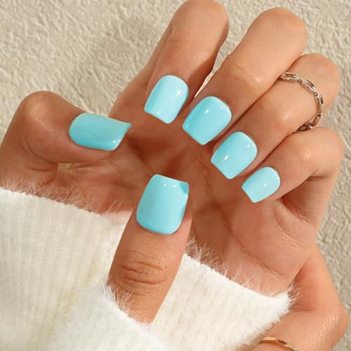 KQueenest Teal Blue Press on Nails Short Square, Short False Nails with Glue, Glossy Solid Mint Blue Fake Nails Set, Natural Fit, Reusable Small Gel Stick on Nail for Women Decoration 24 Pcs