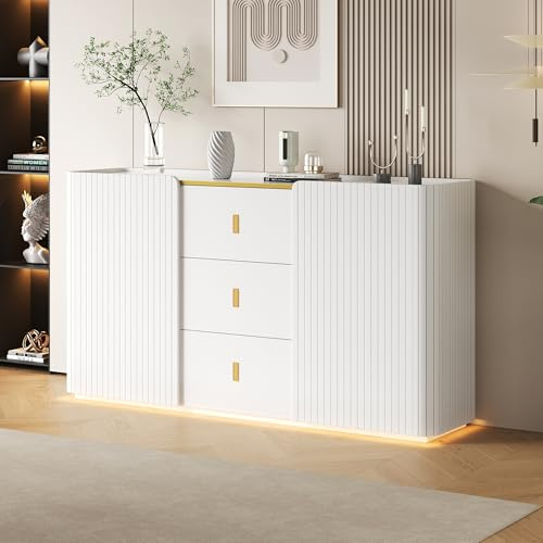 Laxnb Sideboard Kommode Weiß mit LED-Licht, 150x35x80cm Küchenschrank Stauraum 2 Türen & 3 Schubladen, Seitenschrank Mehrzweckschrank Sideboard Wohnzimmer Möbel Buffetschrank Kitchen Cabinet Anrichte