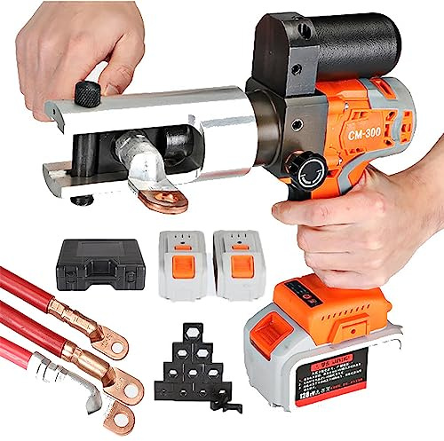 Pince à Sertir éLectro-Hydraulique, Pince à Sertir Sans Fil, 16-300 mm² (11 Matrices), Pince Pivotante 360°, Couple 380 nm, Pince à Sertir Cosses Cuivre & Aluminium, 2 * Batteries