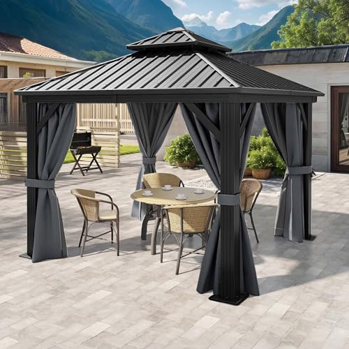 YITAHOME Pavillon 3x3,Wasserdicht Stabil Winterfest Gazebo with Double Roof | Hardtop Aluminium Frame with Shaded Net Curtain,Garden Tent for Backyard