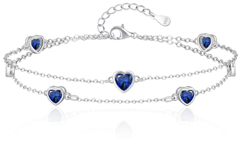 Tusuzik Bracciale Donna Argento 925 Con Cuore Doppia Catena Regolabile braccialetti Gioielli pietra natale braccialetti Cuore Regalo Donna Compleanno per Moglie Mamma Fidanzata Amica(Blu reale)