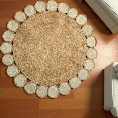 White and Natural Jute Round Rug – Handwoven Boho Area Mat, 100% Natural Fiber, Braided Circular Floor Decor for Living Room, Bedroom, or Entryway