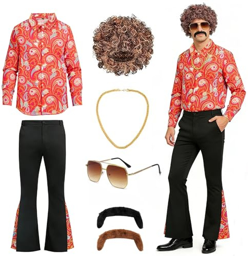 70-tals disco hippie-kostym herrset, retro outfit för män med skjorta, slagbyxor, peruk, bälte, glasögon, skägg och guldkedja, hippie disco utklädnad för karneval halloween 70-tals temafest (S)