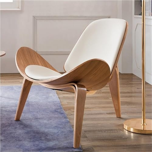 JingNian Ikonisk skalstol, mitten av århundradet modern vardagsrumsstol i valnöt och konstläder, accentstol med stativdesign för vardagsrum, sovrum och kontor (vit)
