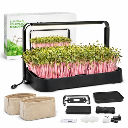 Idroponica Microgreen Indoor con Luce LED Automatica 12h per La CRESCITA OMOGENEA - Kit Idroponico Auto Irrigante con Sacchi Biodegradabili - Mini Serra Compatto per Casa - Capacità 1kg