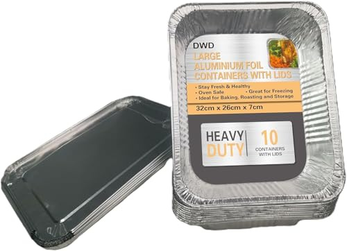 DWD Large Aluminium Foil Trays with Lids Pack of 10 – Heavy Duty Disposable Containers 32x26x7 cm for BBQ, Roasting & Food Storage, Extra Large Foil Trays for Oven Freezer Party Use