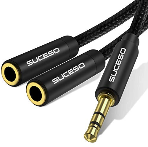 SUCESO Audio Klinke Y Splitter Adapter 3.5mm Stecker auf 2x 3,5mm Buchse Headset Stereo Aux Splitter Kabel Kopfhörer Doppelstecker für Tablet, Laptop, Samsung, Handy, Lautsprecher, PC usw -1m(Schwarz)