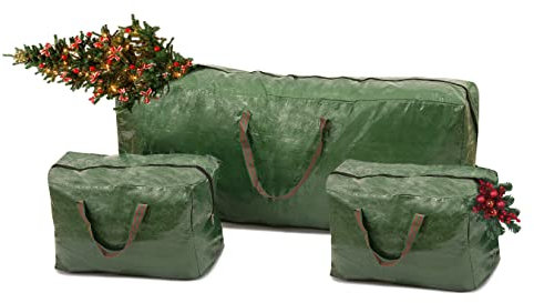 ADEPTNA 3PCS PREMIUM STRONG DURABLE LARGE CHRISTMAS XMAS TREE DECORATIONS STORAGE BAGS – STURDY NYLON HANDLES FOR EASY CARRY (GREEN)