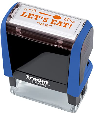 Hemlagad och handgjord märkningsstämpel, kreativ och dekorativ, LET'S EAT, Trodat Printy 4910 självpåfyllande, blå stämpelfärg, patron ingår i orange
