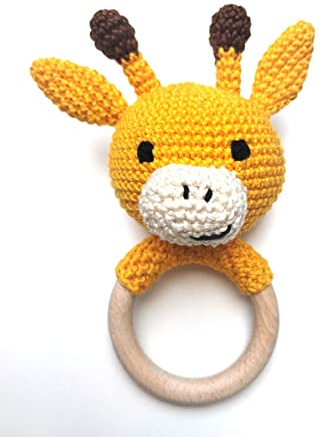 Baby Rassel Giraffe gehäkelt | Geschenk zur Geburt | Kuscheltier | Handgehäkelt aus Baumwolle, FSC-Buchenholzring, Geschenk zur Taufe, Handmade, Rassel, Greifling, Beißring
