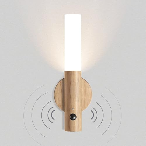 VOMI Holz Akku Wandleuchte mit Bewegungsmelder Kabellos Warmweiß | Batterie Wandlampe Innen Magnetische USB Aufladbar Treppenbeleuchtung Batteriebetrieben Lampe Wand Nachtlicht LED
