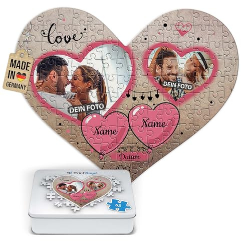 Foto-Puzzle selbst gestalten - Love - mit 2 Fotos, Namen & Datum Bedrucken - Herz-Puzzle Personalisieren - Geschenk zu Valentinstag, Jahrestag - 63 Teile inkl. Metalldose